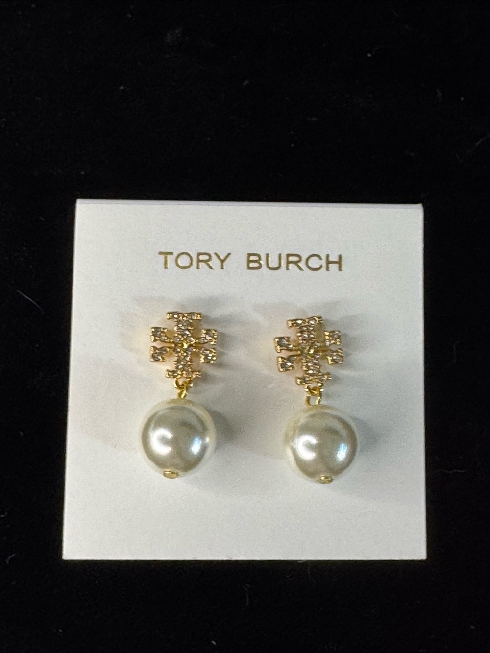 Tory Burch Gold Logo Pearl Drop Earrings - Cream